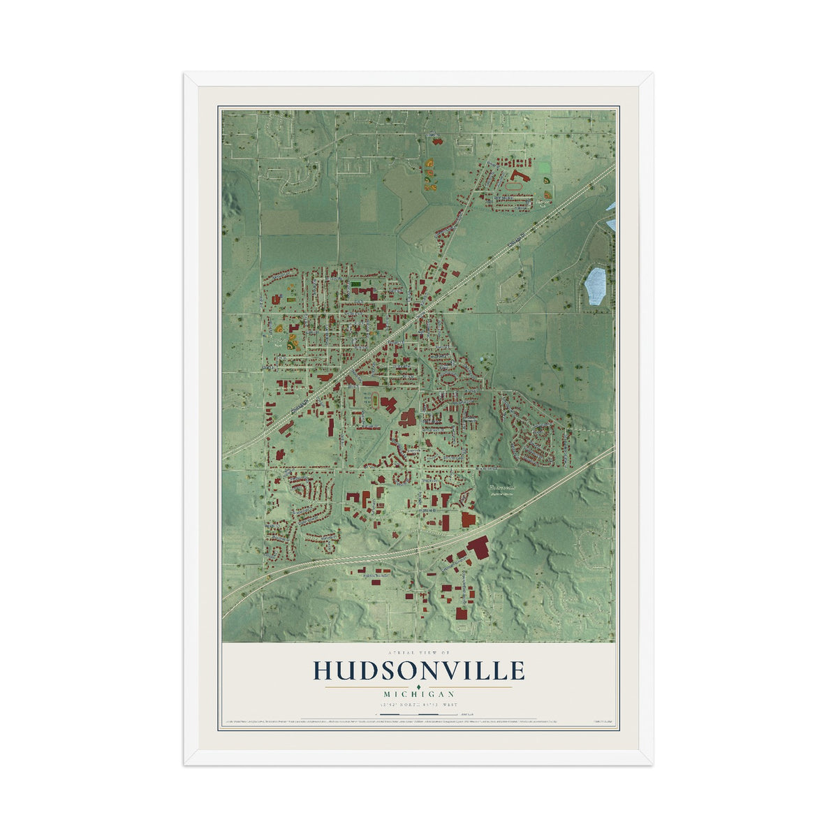Map of Hudsonville, Michigan, 12 x 18 inch print in a white wood frame