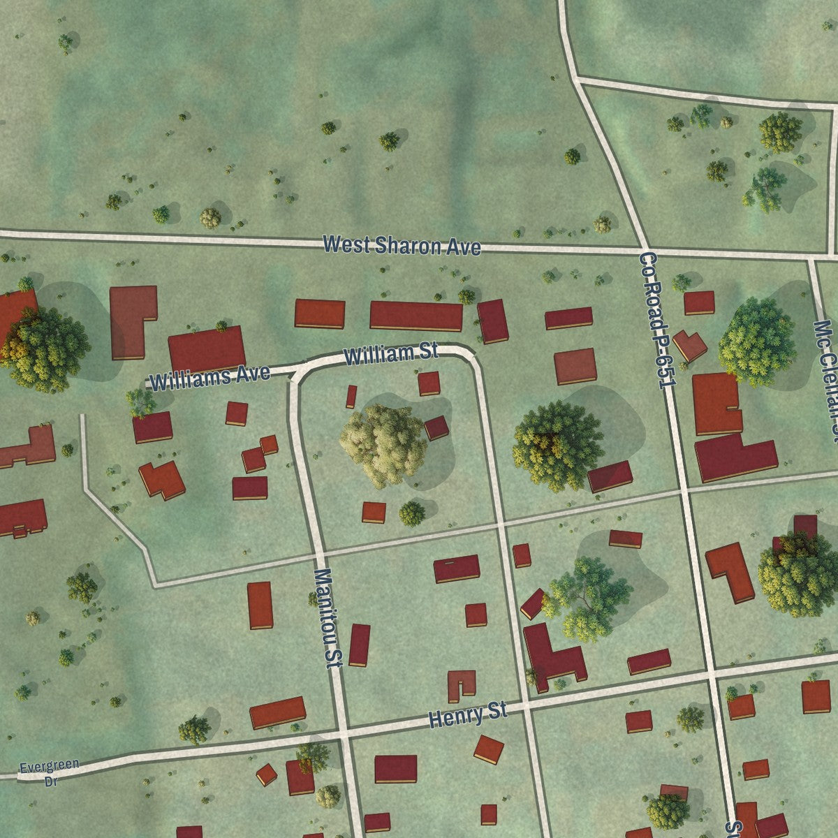Close-up of the map of Hurontown, Michigan print showing street and building detail