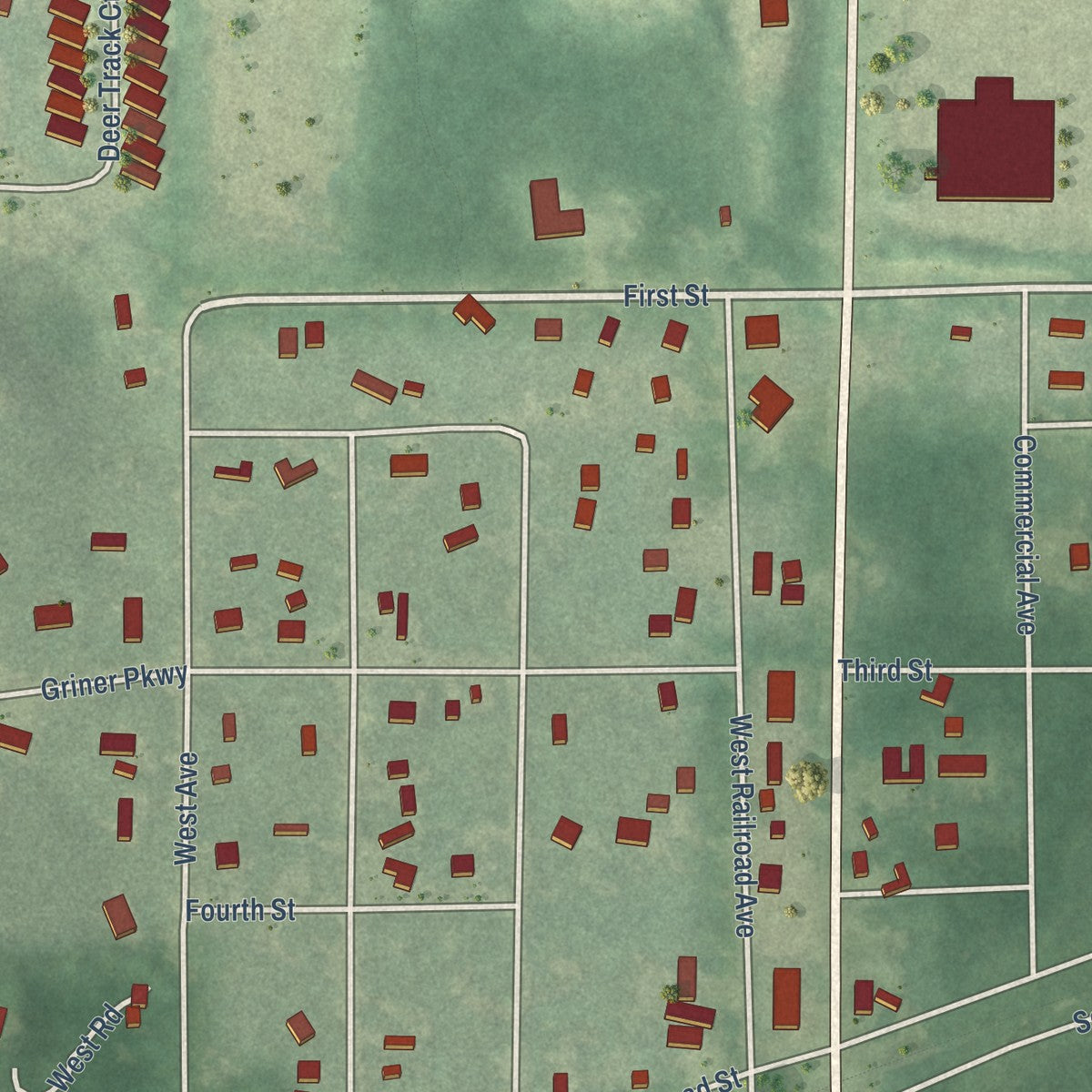Close-up of the map of Interlochen, Michigan print showing street and building detail