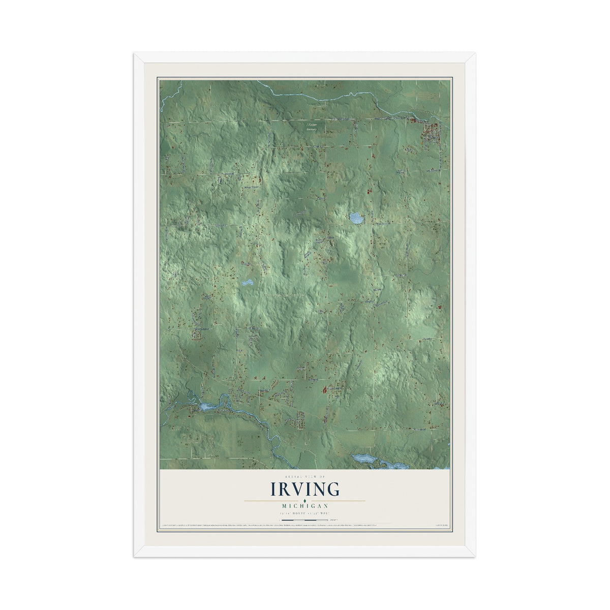 Map of Irving, Michigan, 12 x 18 inch print in a white wood frame