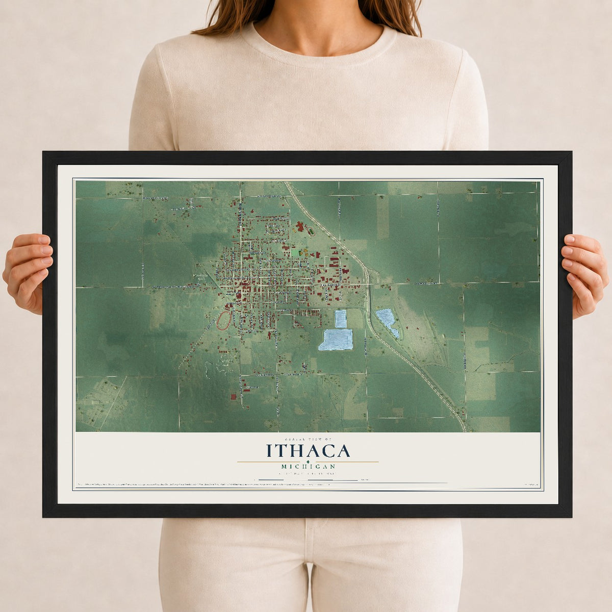 Map of Ithaca, Michigan, 12 x 18 inch print in a black wood frame
