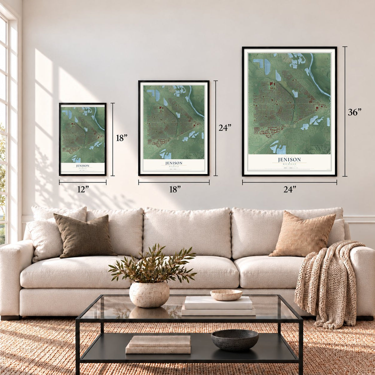 Jenison, Michigan map in 12 x 18, 18 x 24 and 24 x 36 inch sizes above a sofa