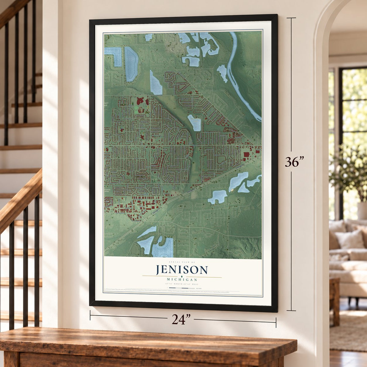 Jenison, Michigan map, 24 x 36 inch print in a black frame by a staircase