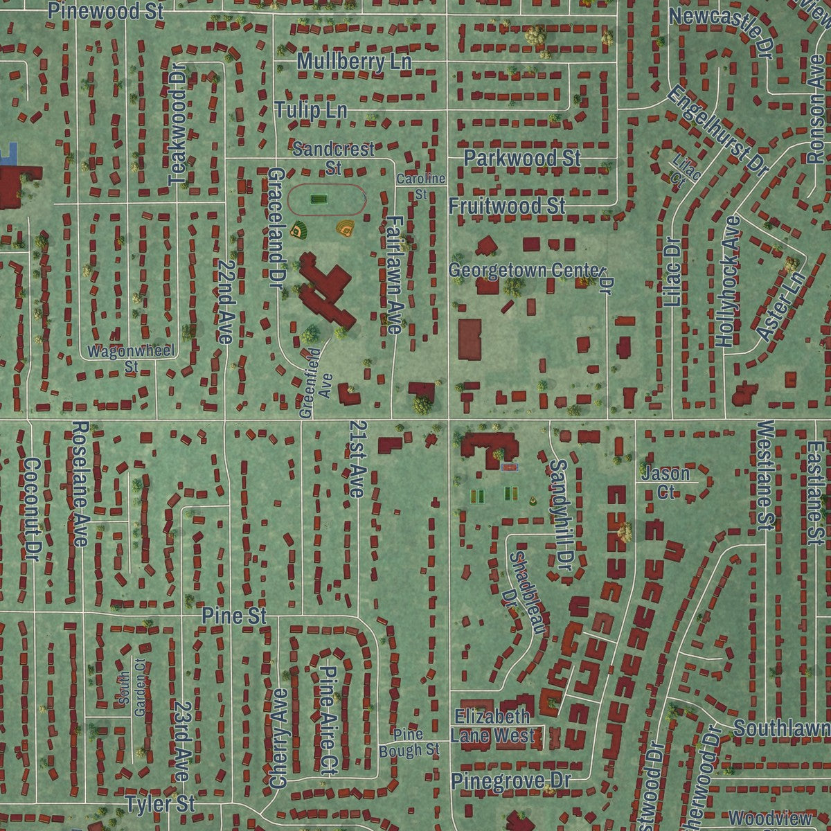 Close-up of the map of Jenison, Michigan print showing street and building detail