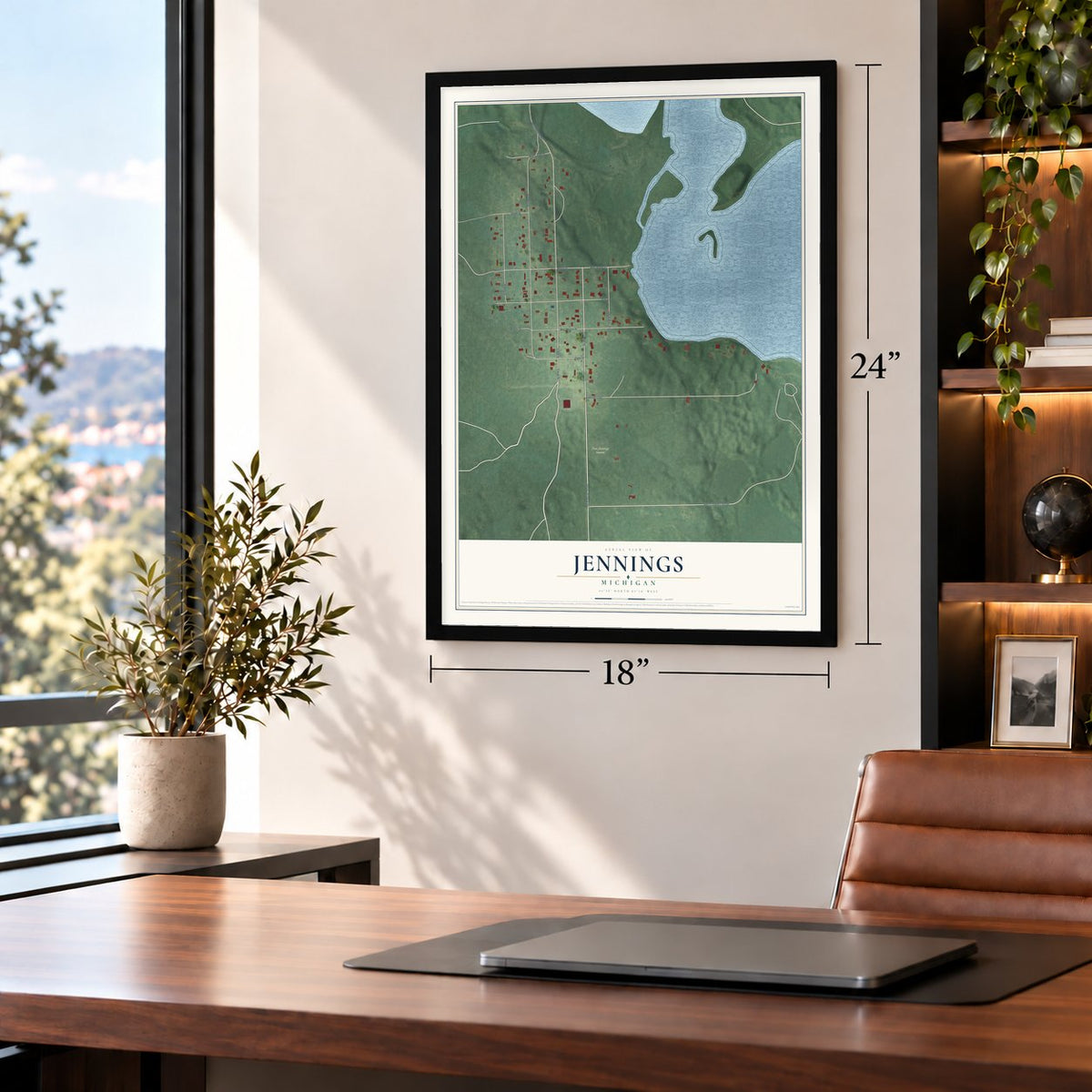 Jennings, Michigan map, 18 x 24 inch print in a black frame in a home office