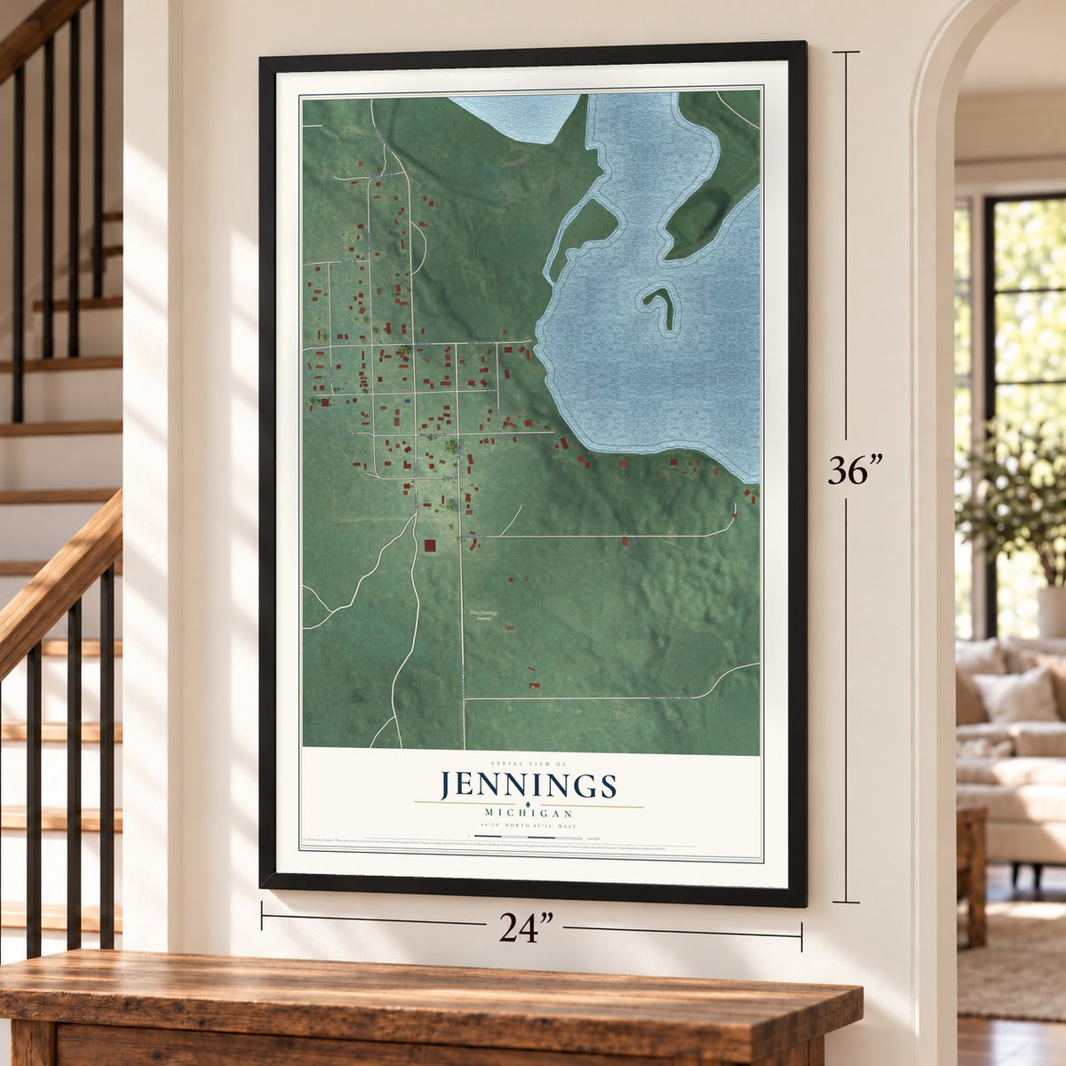Jennings, Michigan map, 24 x 36 inch print in a black frame by a staircase