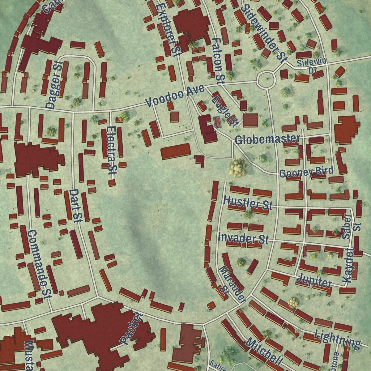 Close-up of the map of K. I. Sawyer, Michigan print showing street and building detail