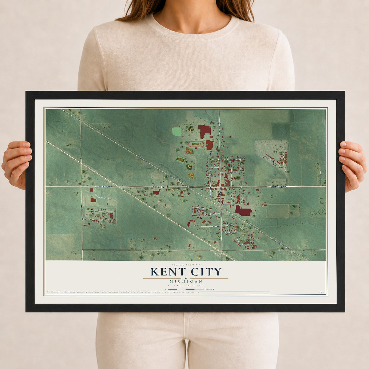 Map of Kent City, Michigan, 12 x 18 inch print in a black wood frame