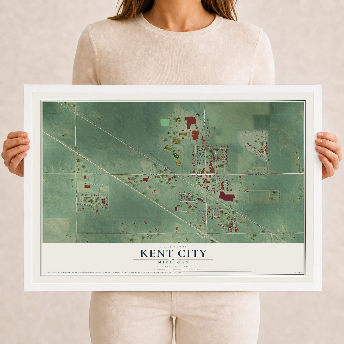 Map of Kent City, Michigan, 12 x 18 inch print in a white wood frame