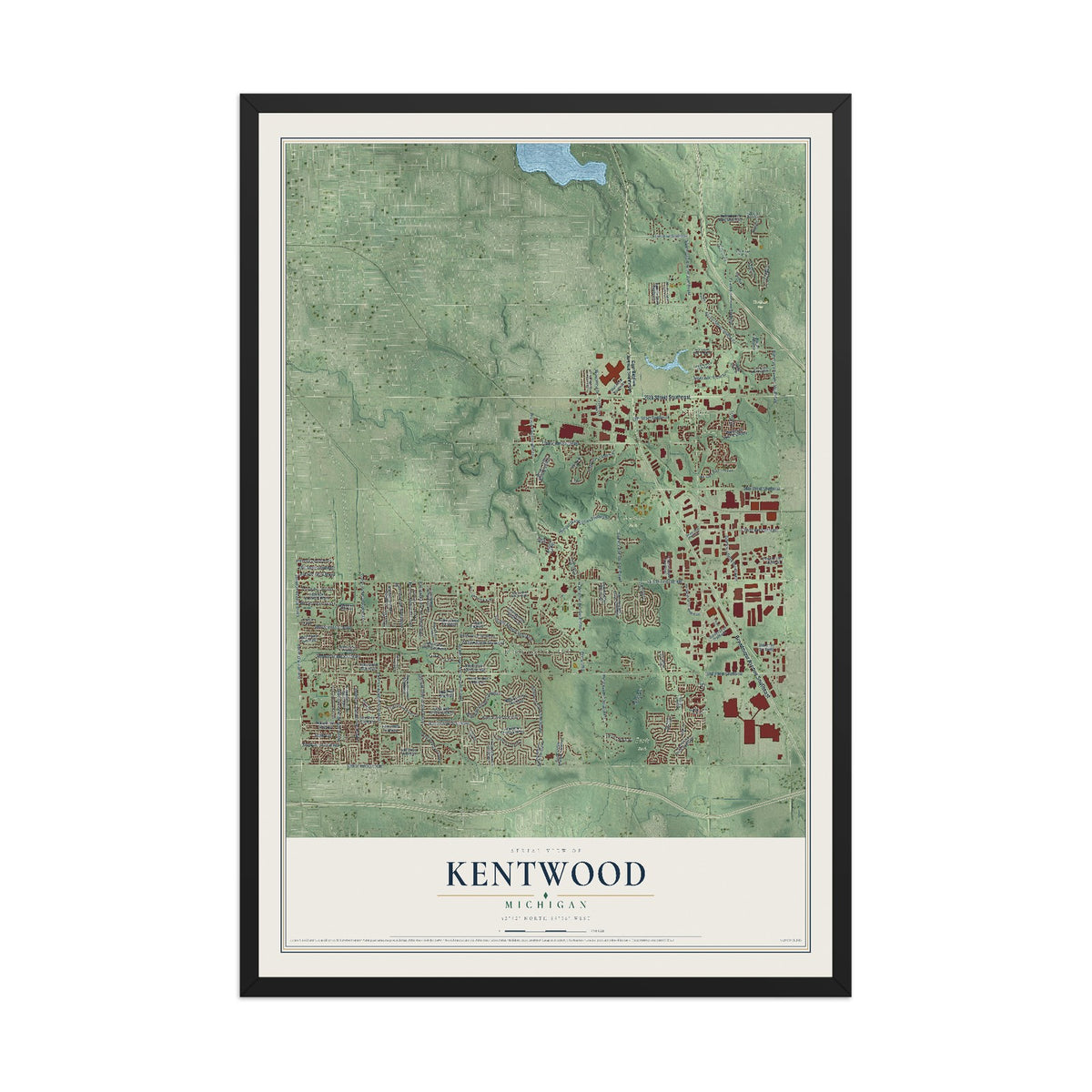 Map of Kentwood, Michigan, 12 x 18 inch print in a black wood frame