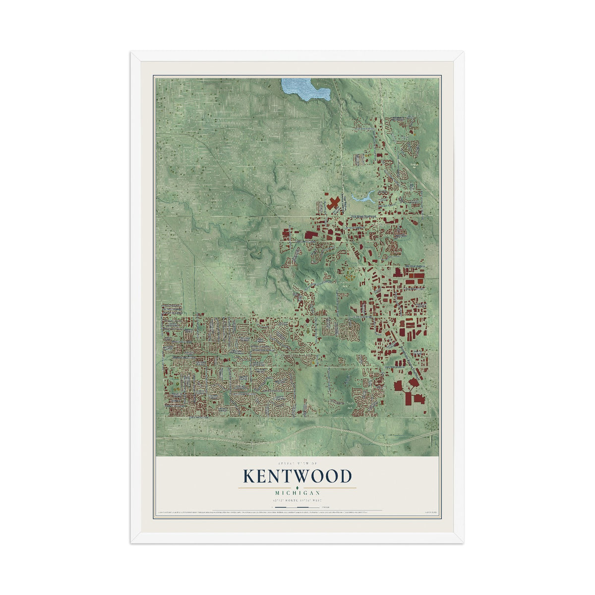 Map of Kentwood, Michigan, 12 x 18 inch print in a white wood frame
