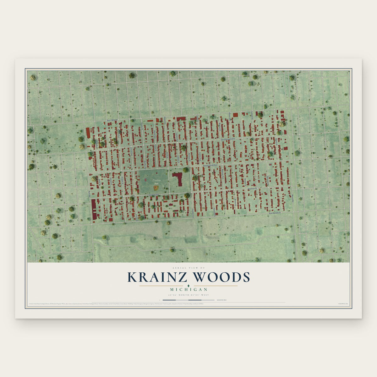 Krainz Woods, Michigan map print, the full design