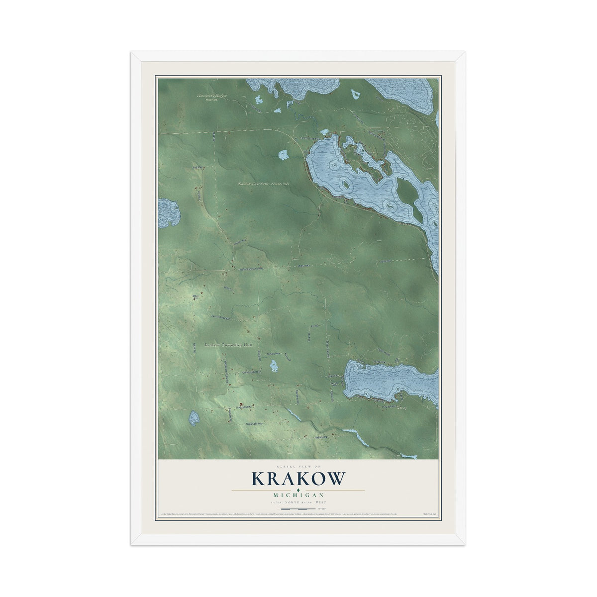 Map of Krakow, Michigan, 12 x 18 inch print in a white wood frame
