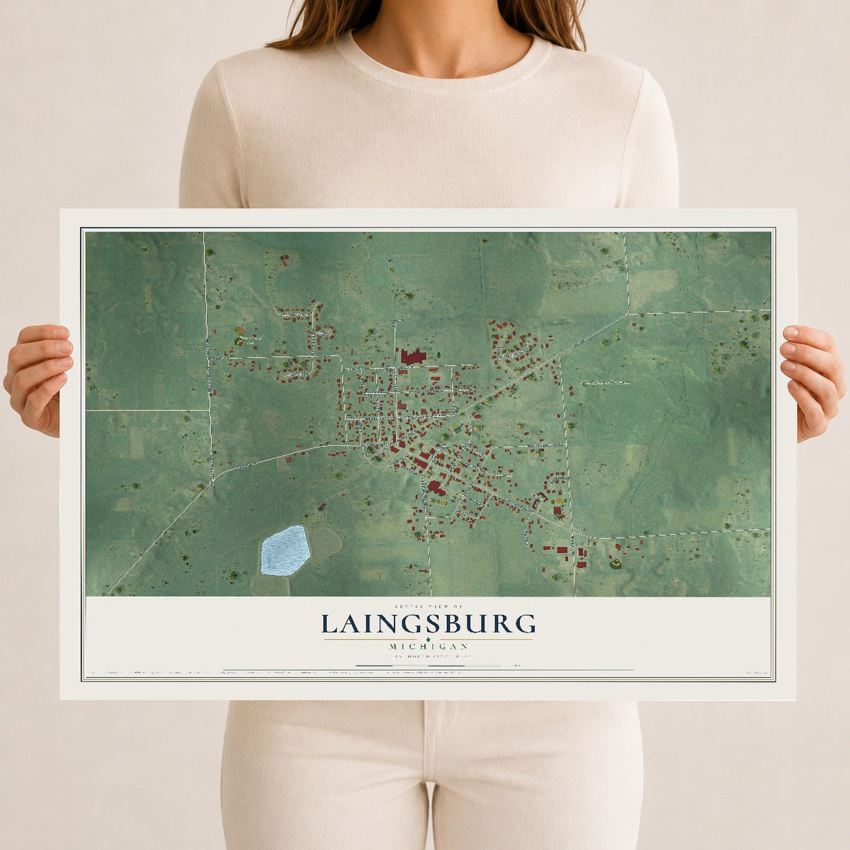 Map of Laingsburg, Michigan, 12 x 18 inch unframed archival matte print