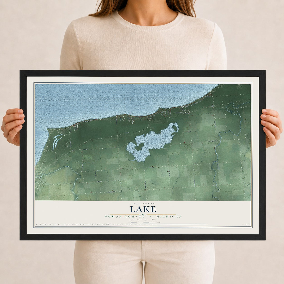 Map of Lake, Huron County, Michigan, 12 x 18 inch print in a black wood frame