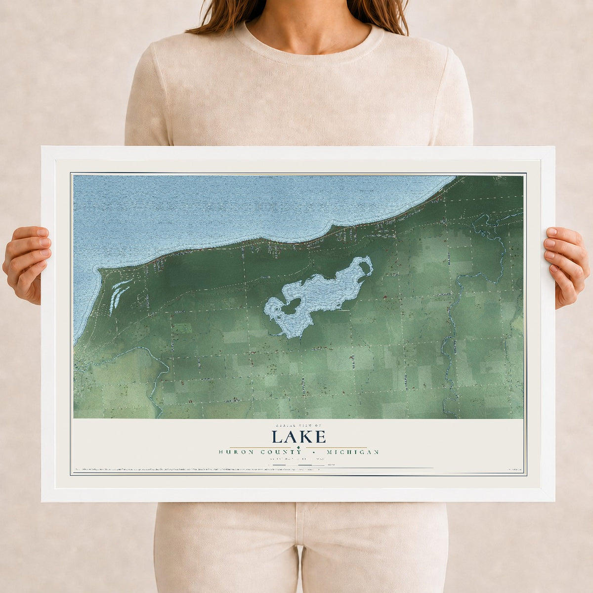 Map of Lake, Huron County, Michigan, 12 x 18 inch print in a white wood frame