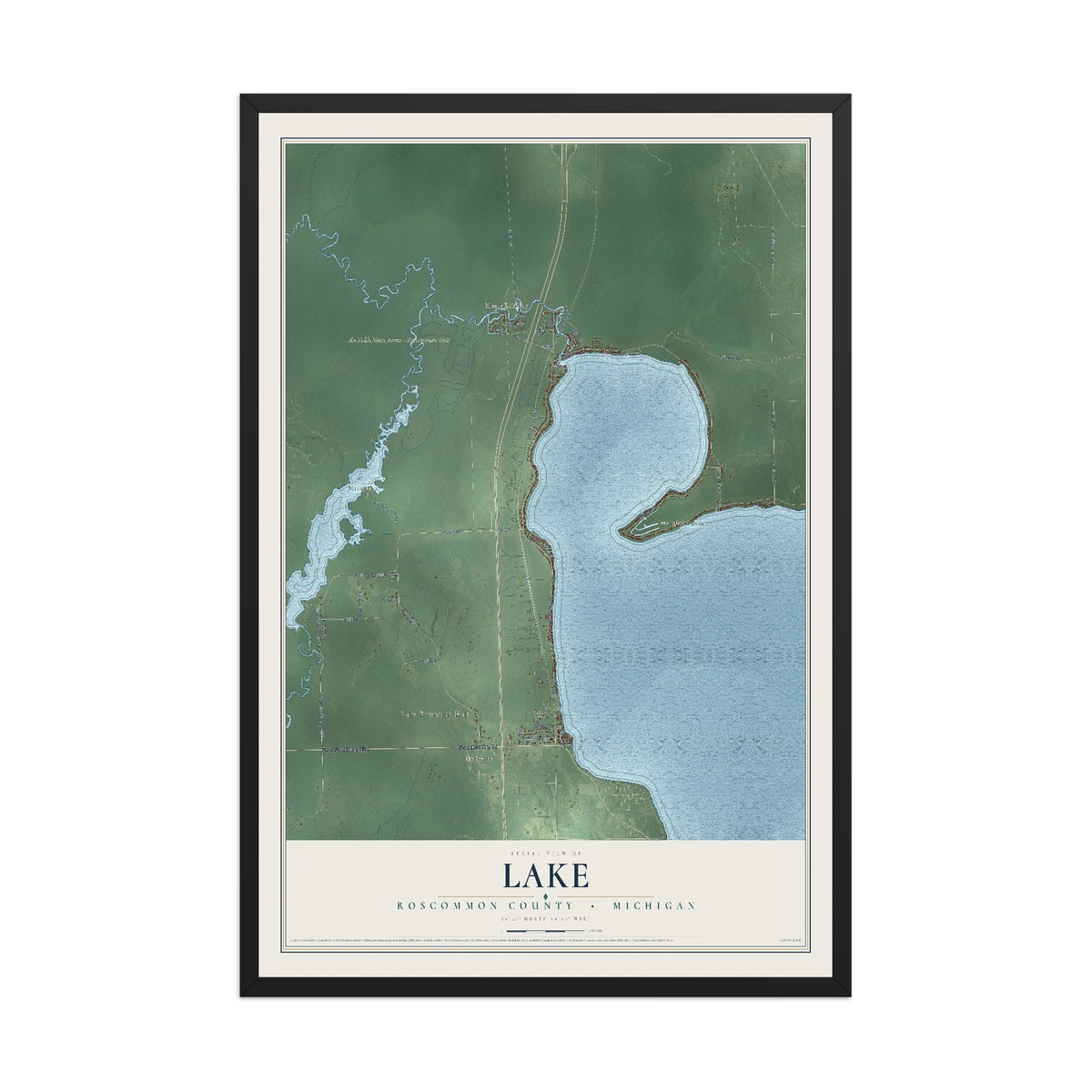 Map of Lake, Roscommon County, Michigan, 12 x 18 inch print in a black wood frame