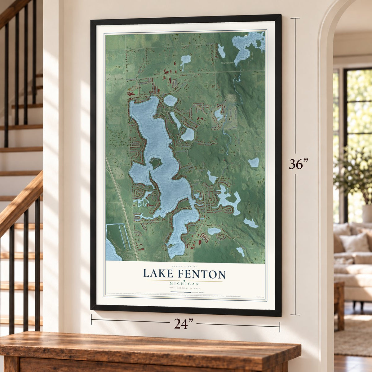 Lake Fenton, Michigan map, 24 x 36 inch print in a black frame by a staircase