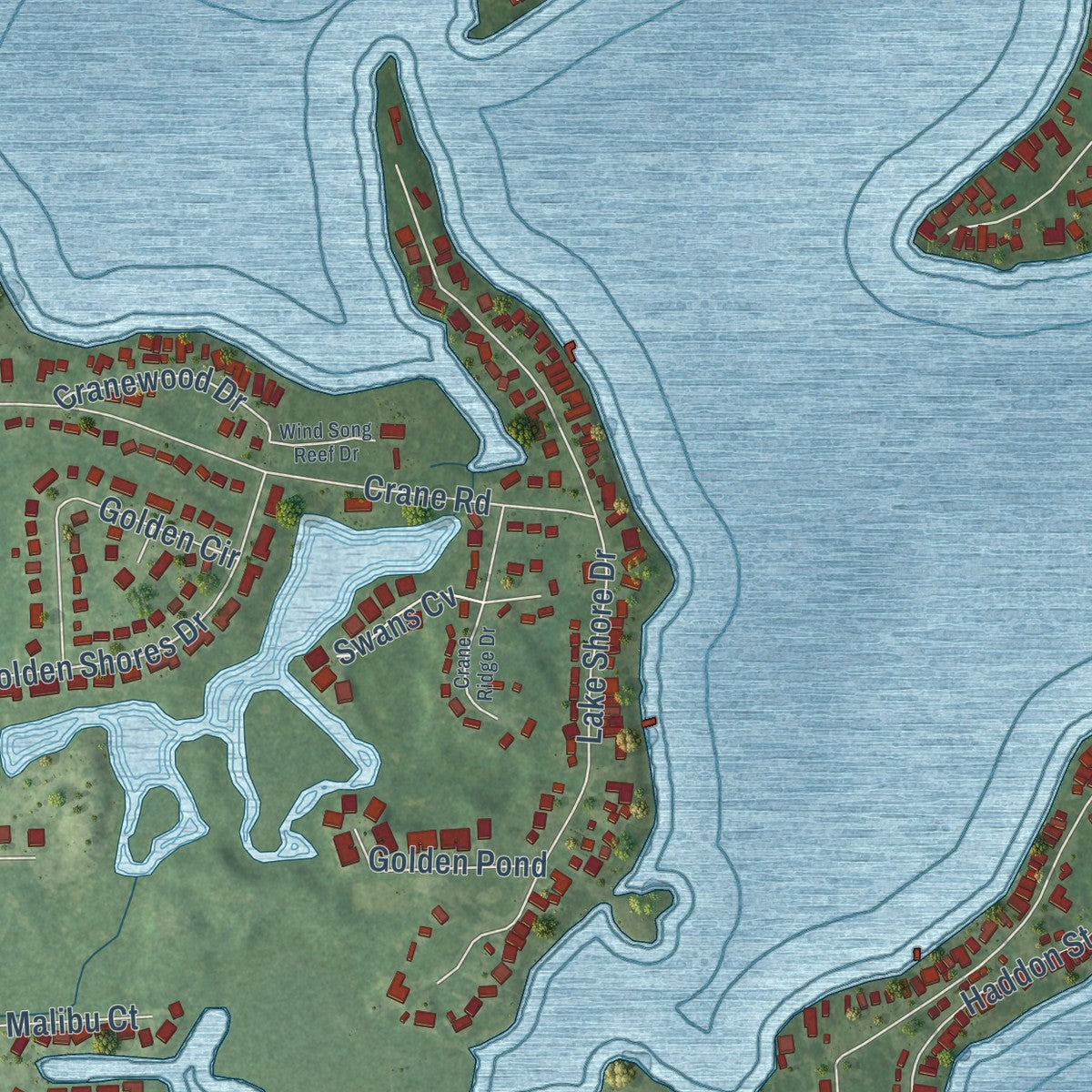 Close-up of the map of Lake Fenton, Michigan print showing street and building detail