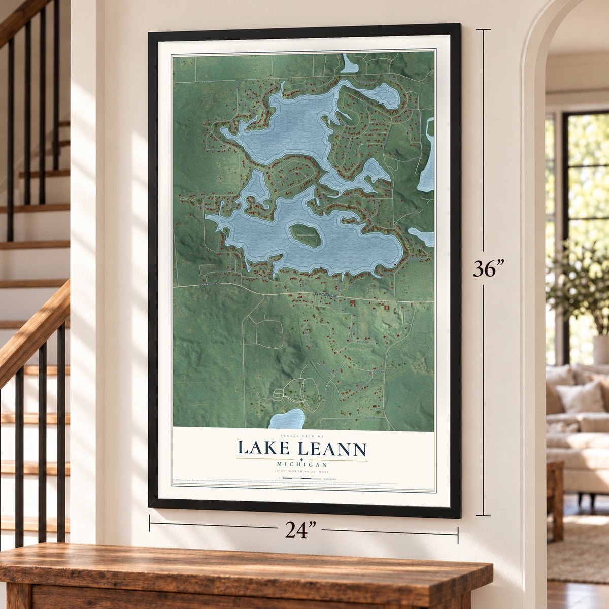 Lake LeAnn, Michigan map, 24 x 36 inch print in a black frame by a staircase