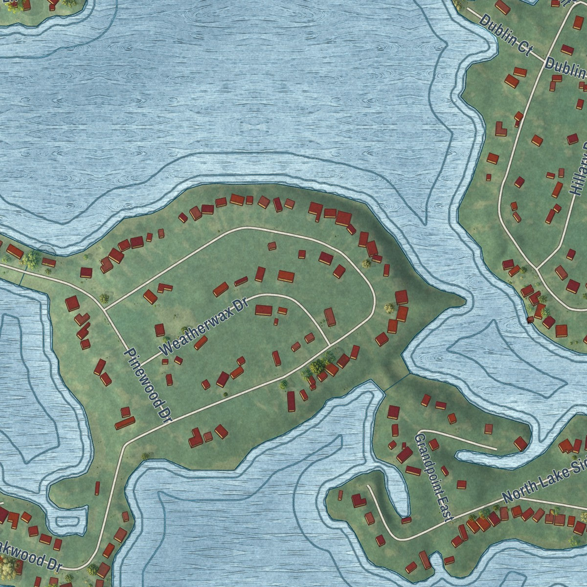Close-up of the map of Lake LeAnn, Michigan print showing street and building detail
