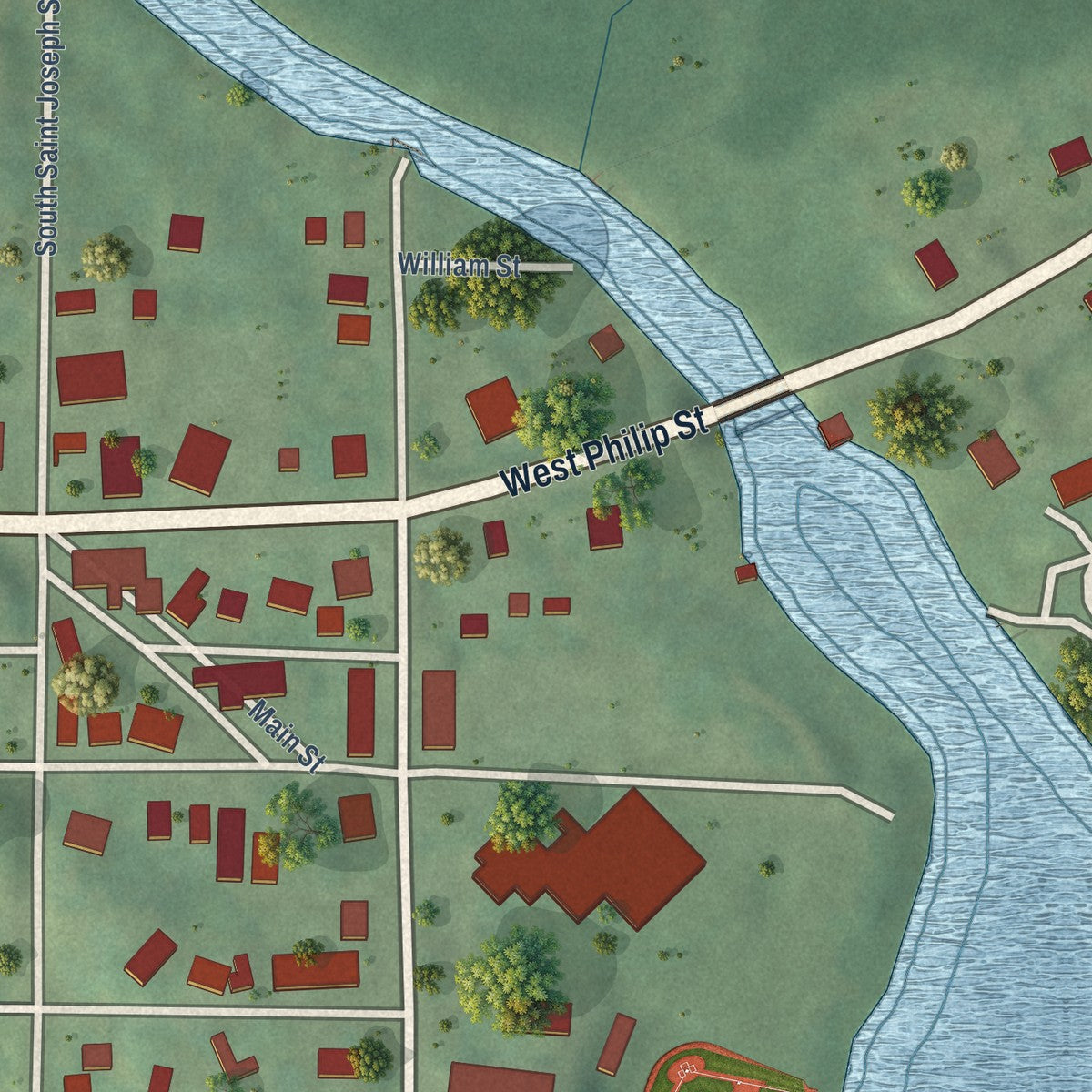 Close-up of the map of Lake Leelanau, Michigan print showing street and building detail