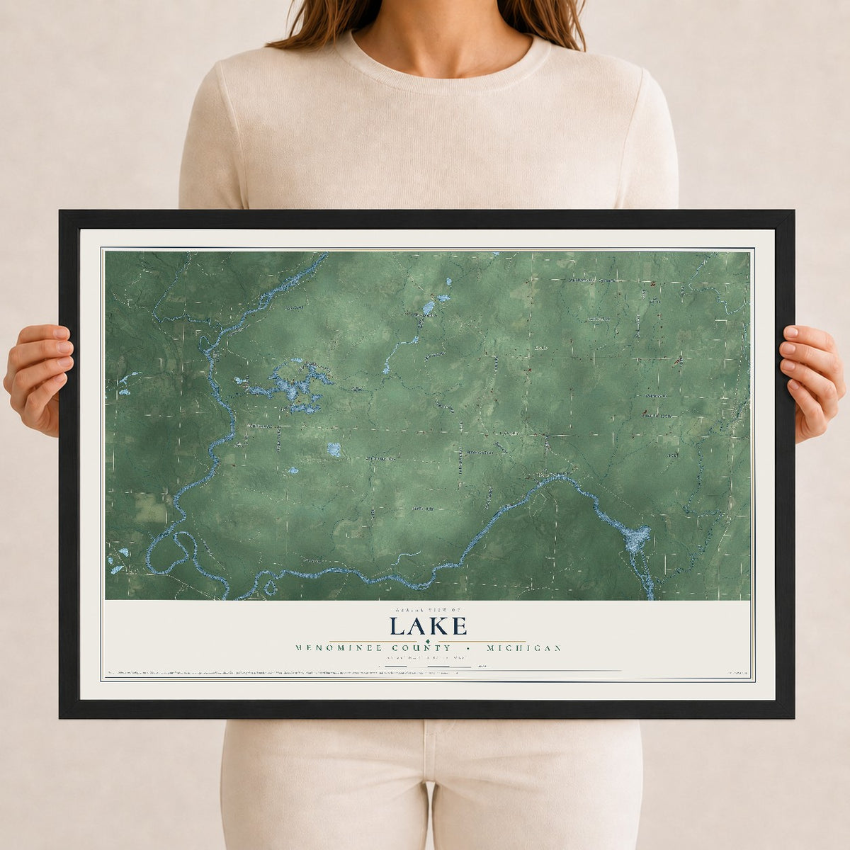 Map of Lake, Menominee County, Michigan, 12 x 18 inch print in a black wood frame