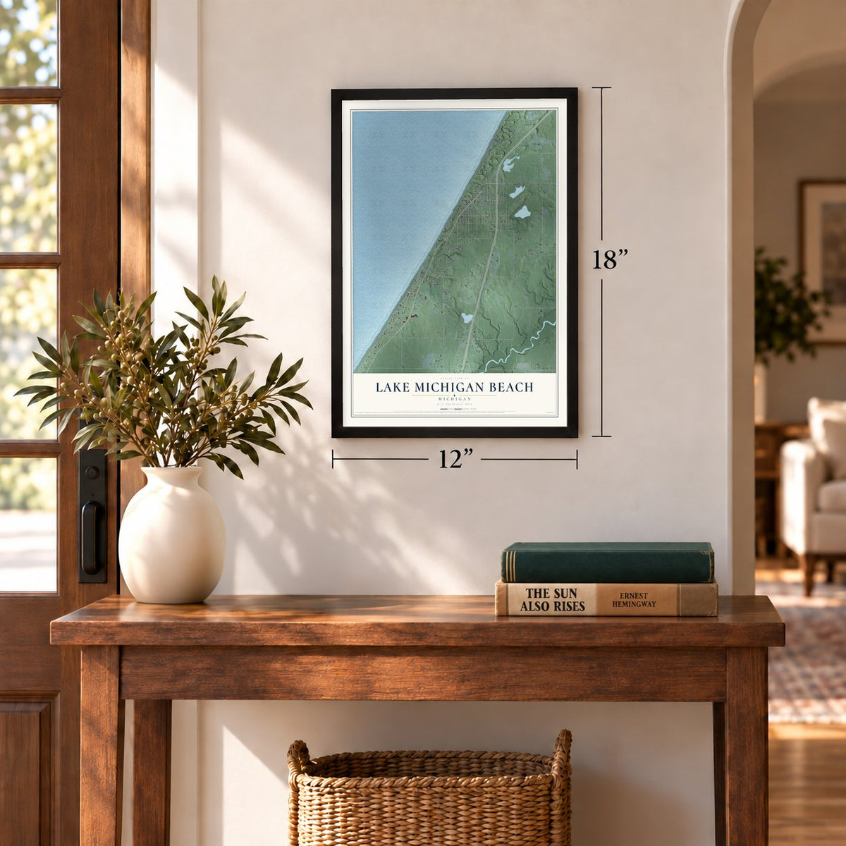 Lake Michigan Beach, Michigan map, 12 x 18 inch print in a black frame in an entryway