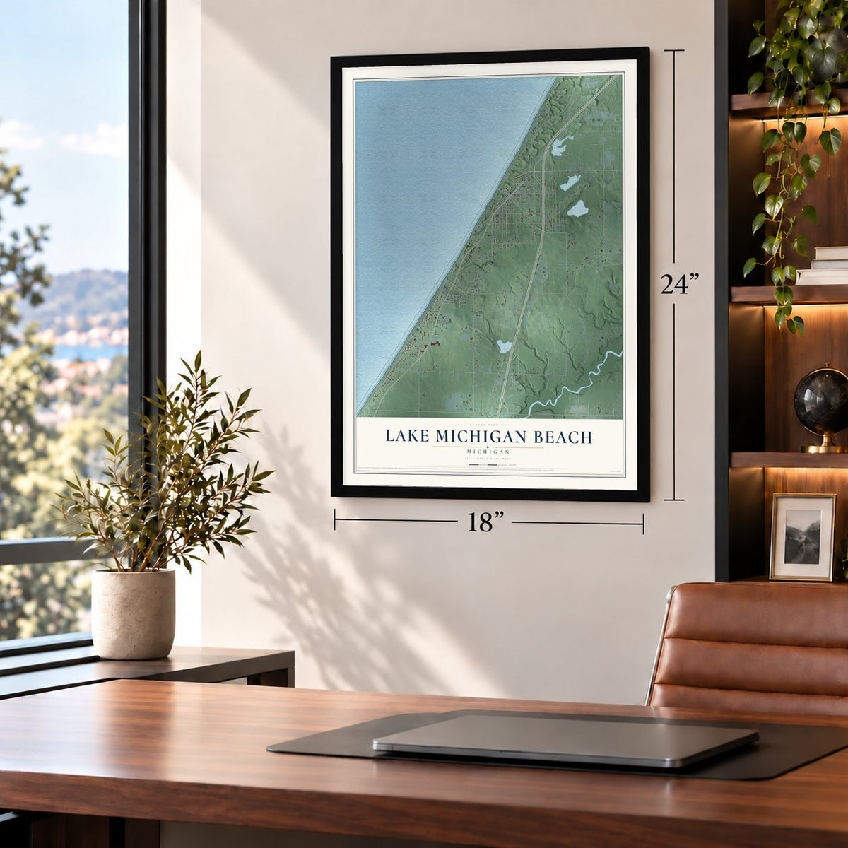 Lake Michigan Beach, Michigan map, 18 x 24 inch print in a black frame in a home office