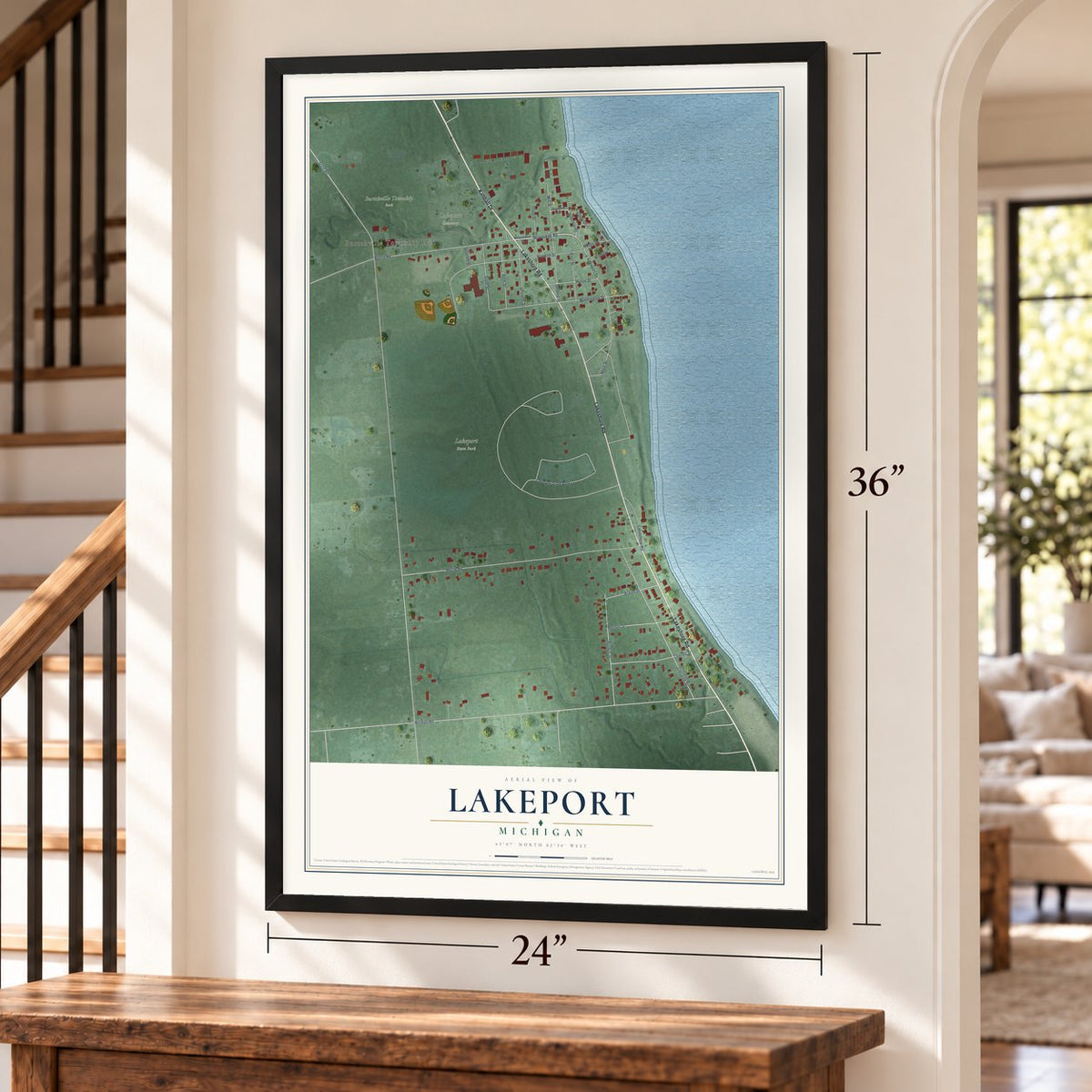 Lakeport, Michigan map, 24 x 36 inch print in a black frame by a staircase