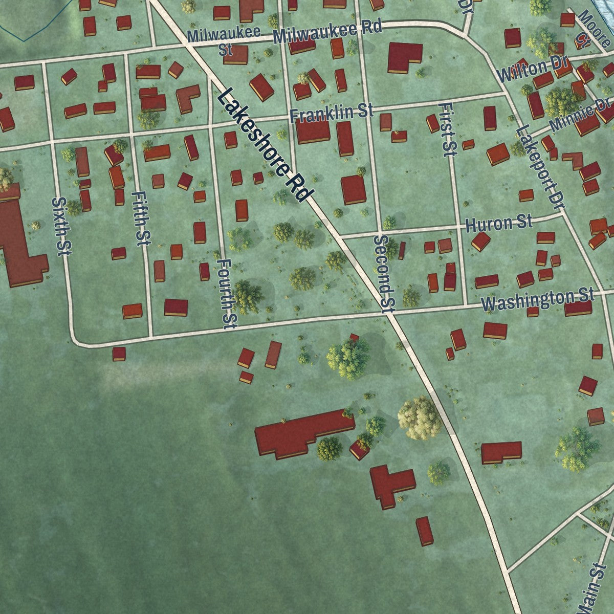 Close-up of the map of Lakeport, Michigan print showing street and building detail