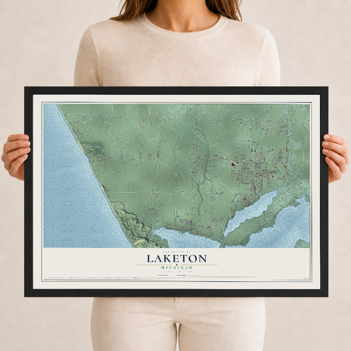 Map of Laketon, Michigan, 12 x 18 inch print in a black wood frame