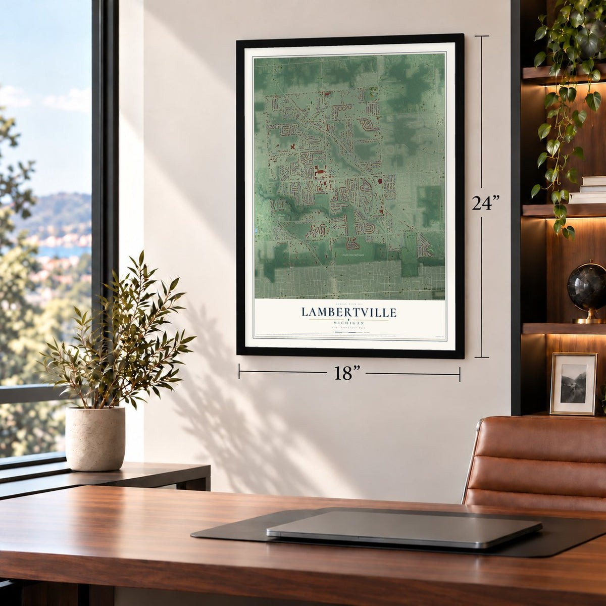 Lambertville, Michigan map, 18 x 24 inch print in a black frame in a home office