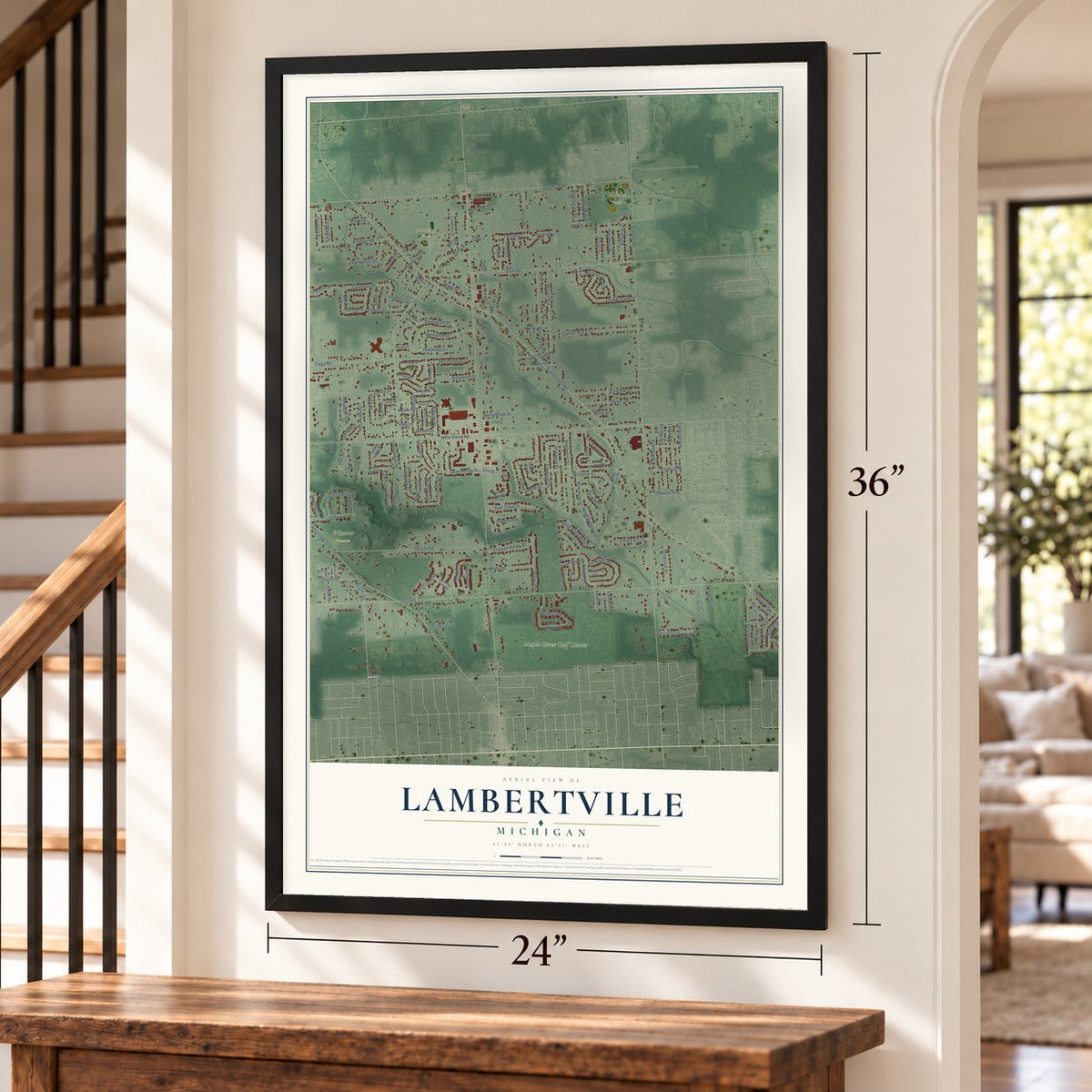 Lambertville, Michigan map, 24 x 36 inch print in a black frame by a staircase