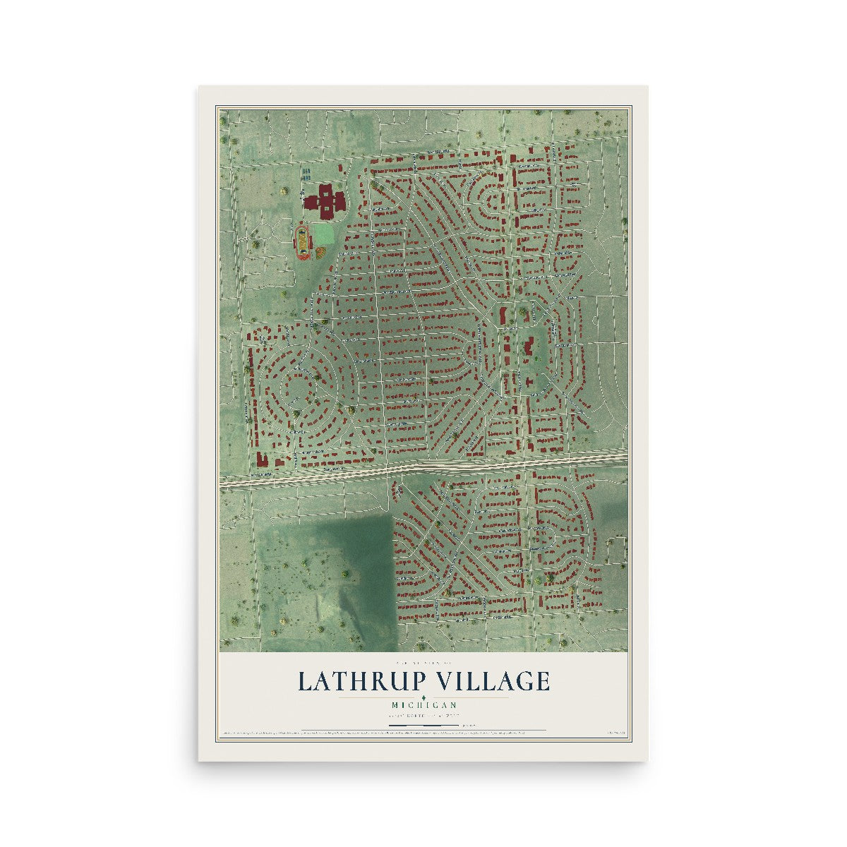 Map of Lathrup Village, Michigan, 12 x 18 inch unframed archival matte print