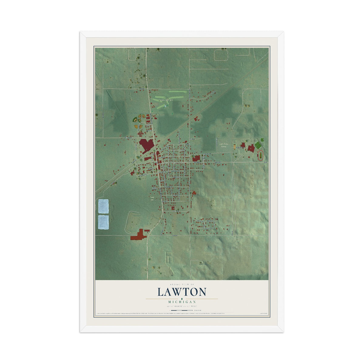 Map of Lawton, Michigan, 12 x 18 inch print in a white wood frame
