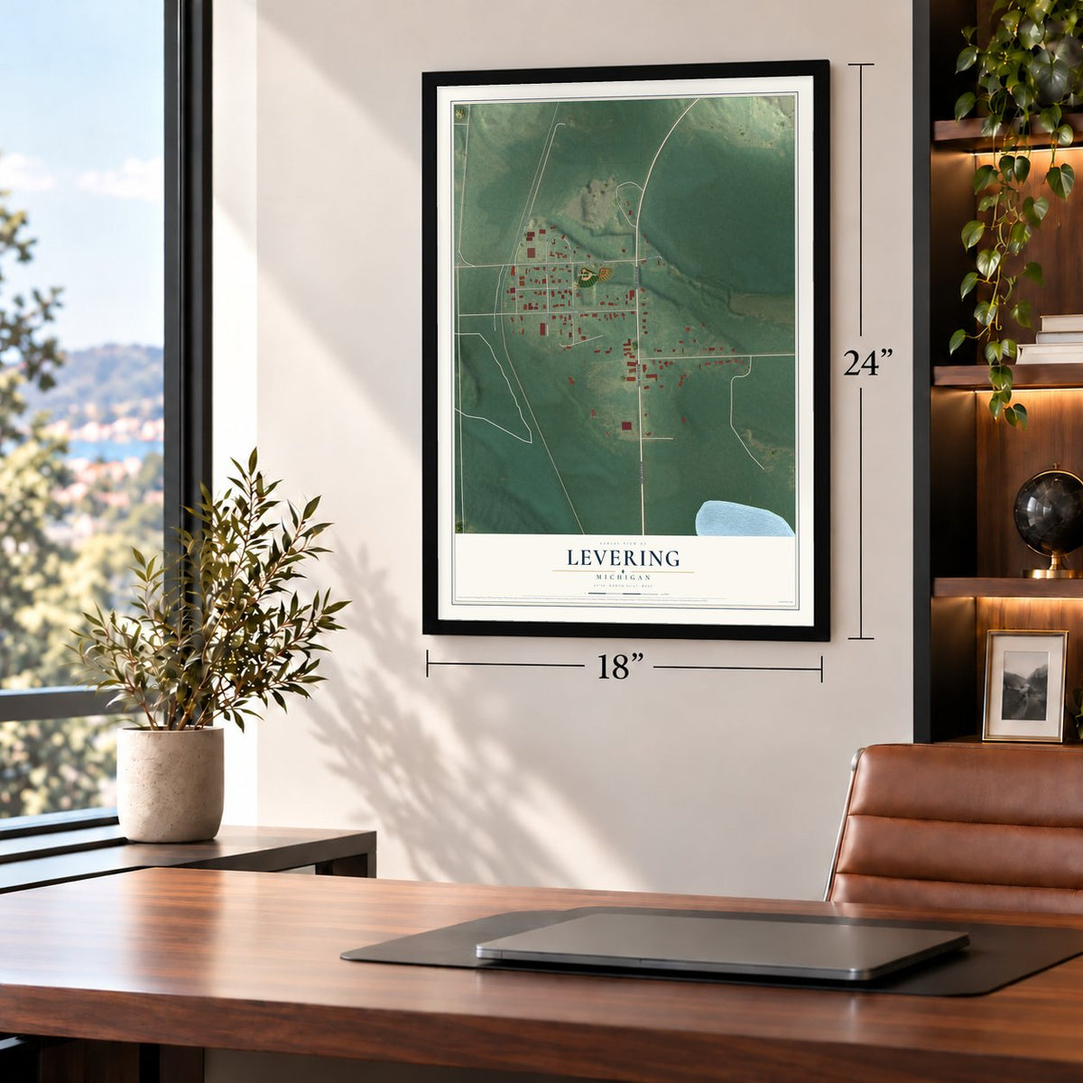 Levering, Michigan map, 18 x 24 inch print in a black frame in a home office