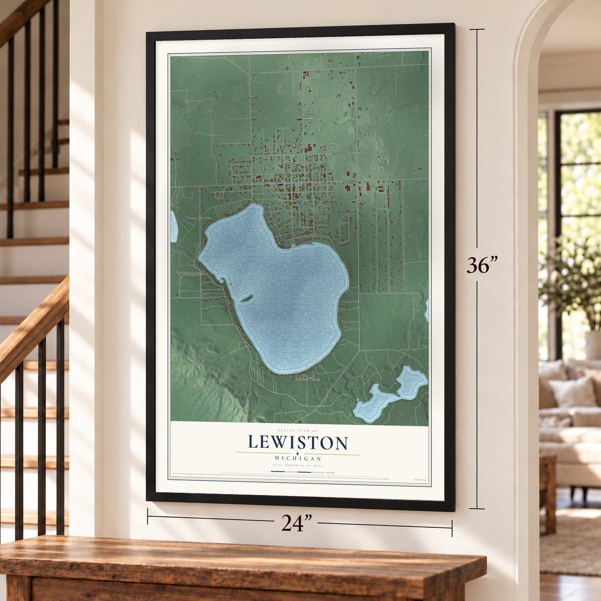 Lewiston, Michigan map, 24 x 36 inch print in a black frame by a staircase