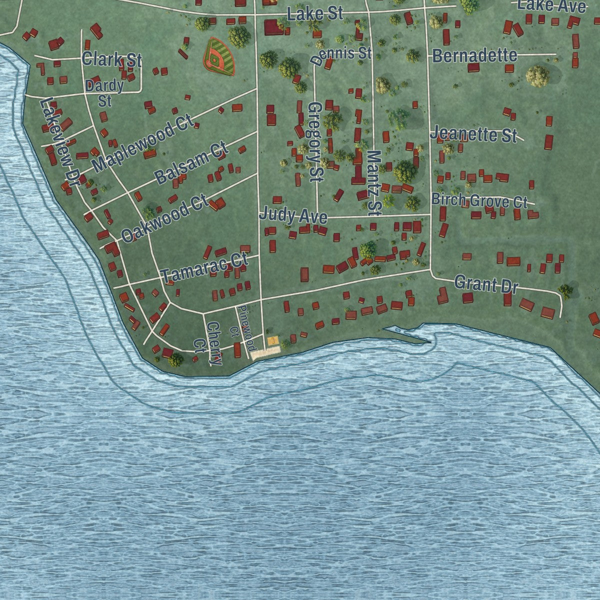 Close-up of the map of Lewiston, Michigan print showing street and building detail