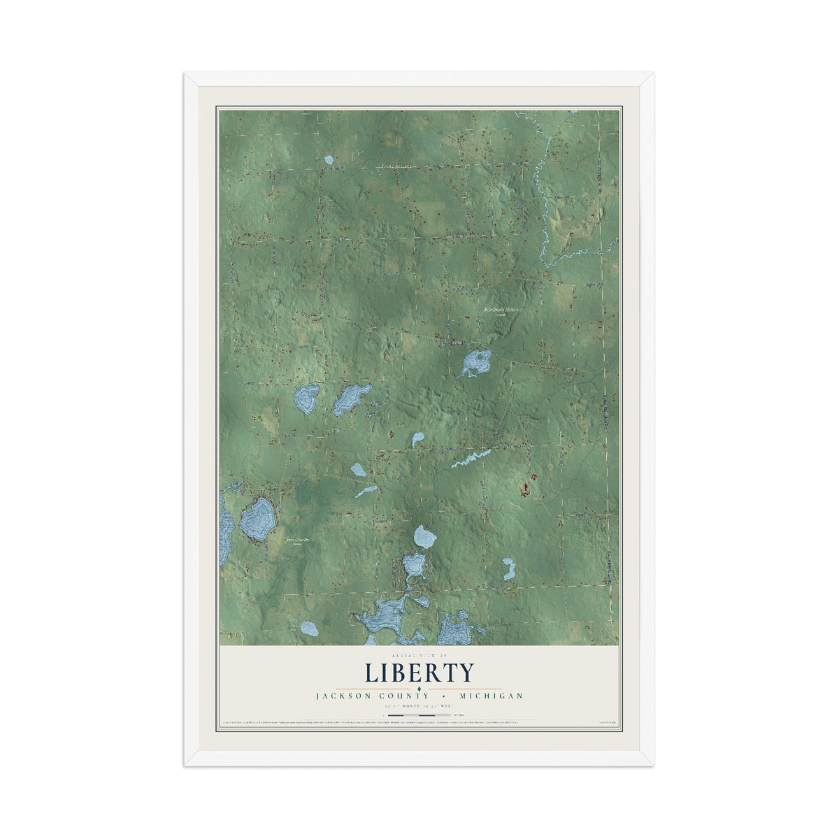 Map of Liberty, Jackson County, Michigan, 12 x 18 inch print in a white wood frame