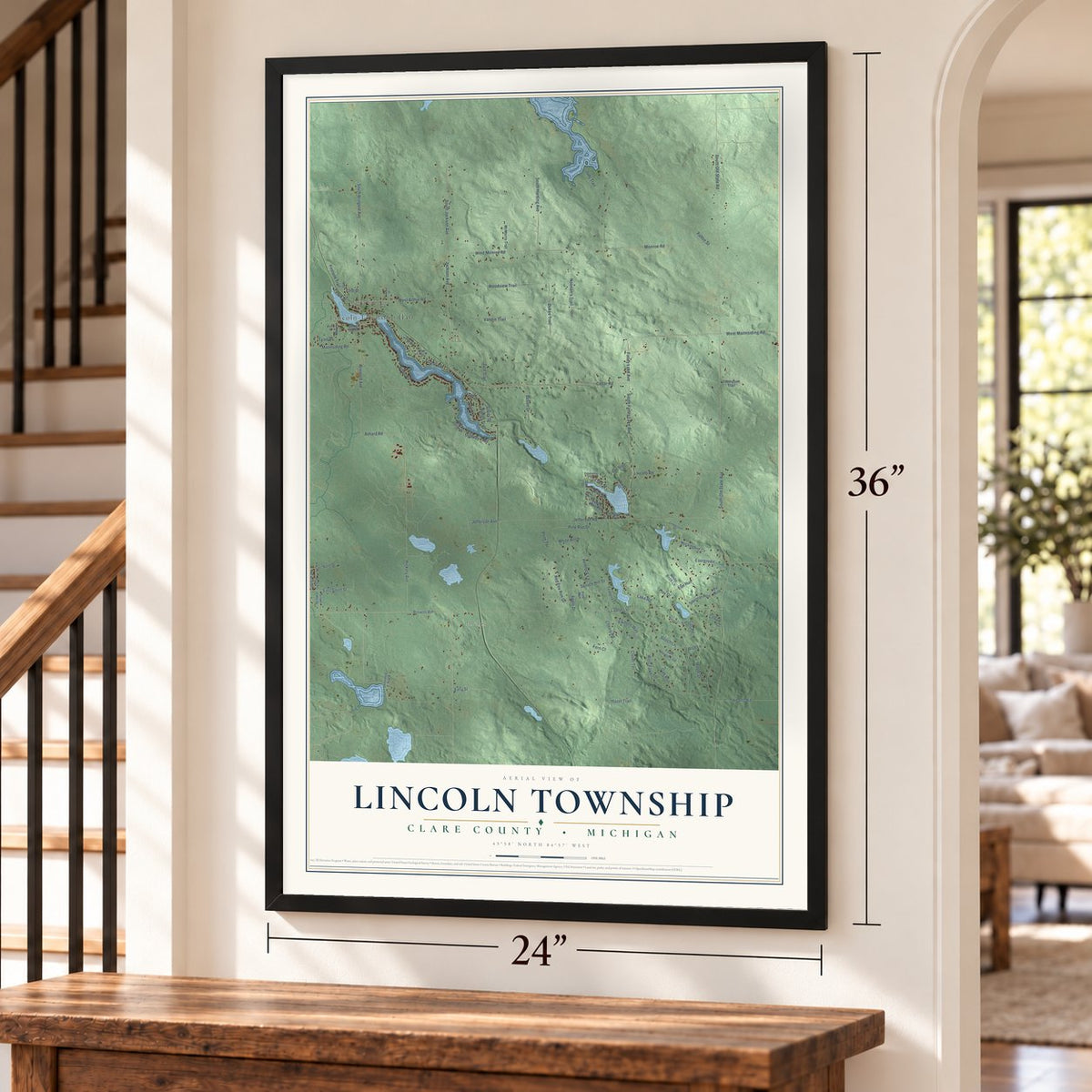 Lincoln Township, Clare County, Michigan map, 24 x 36 inch print in a black frame by a staircase