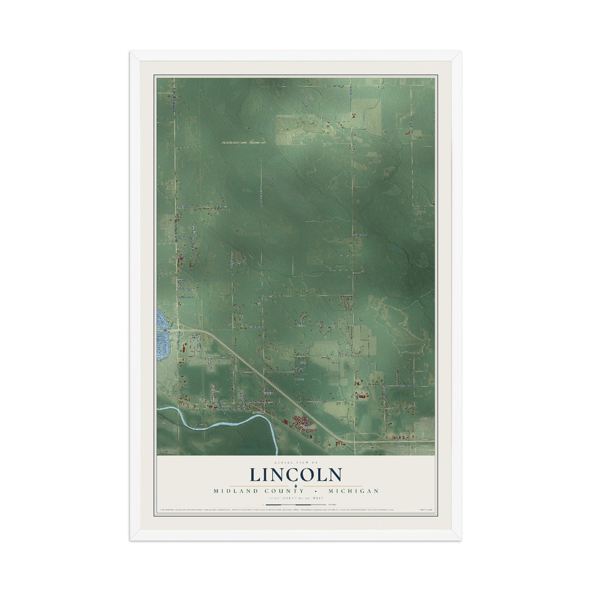 Map of Lincoln, Midland County, Michigan, 12 x 18 inch print in a white wood frame