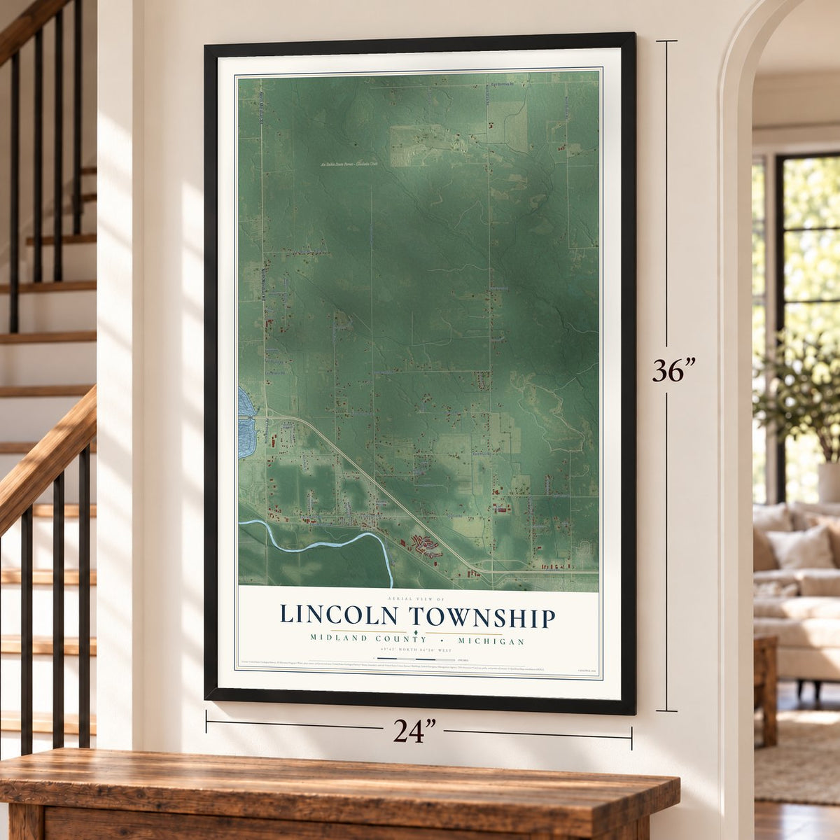 Lincoln Township, Midland County, Michigan map, 24 x 36 inch print in a black frame by a staircase