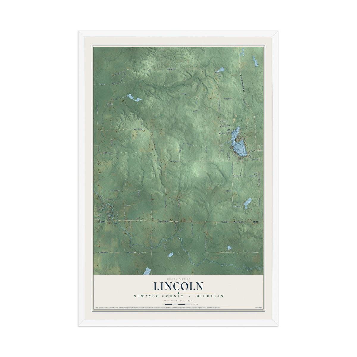 Map of Lincoln, Newaygo County, Michigan, 12 x 18 inch print in a white wood frame