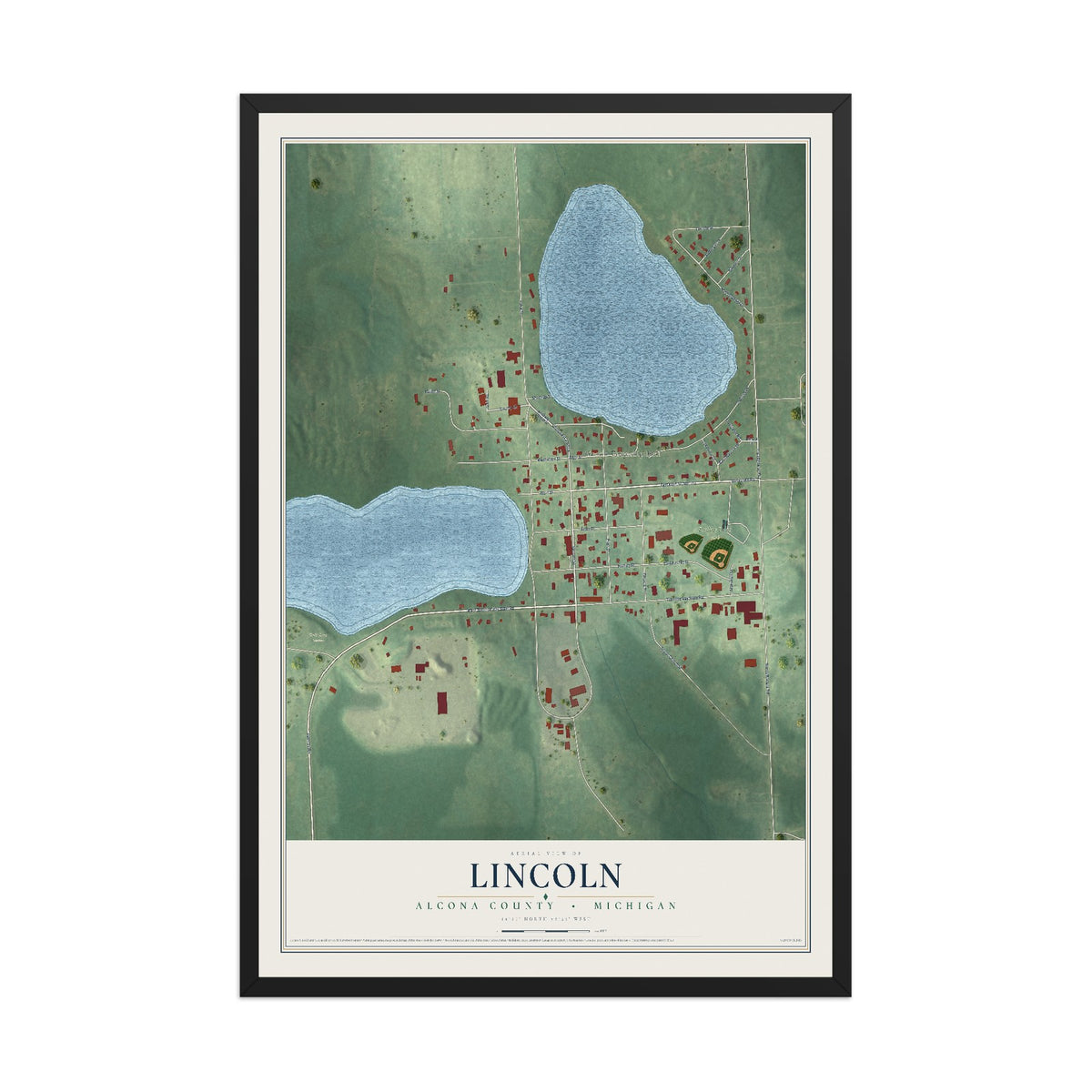 Map of Lincoln, Alcona County, Michigan, 12 x 18 inch print in a black wood frame