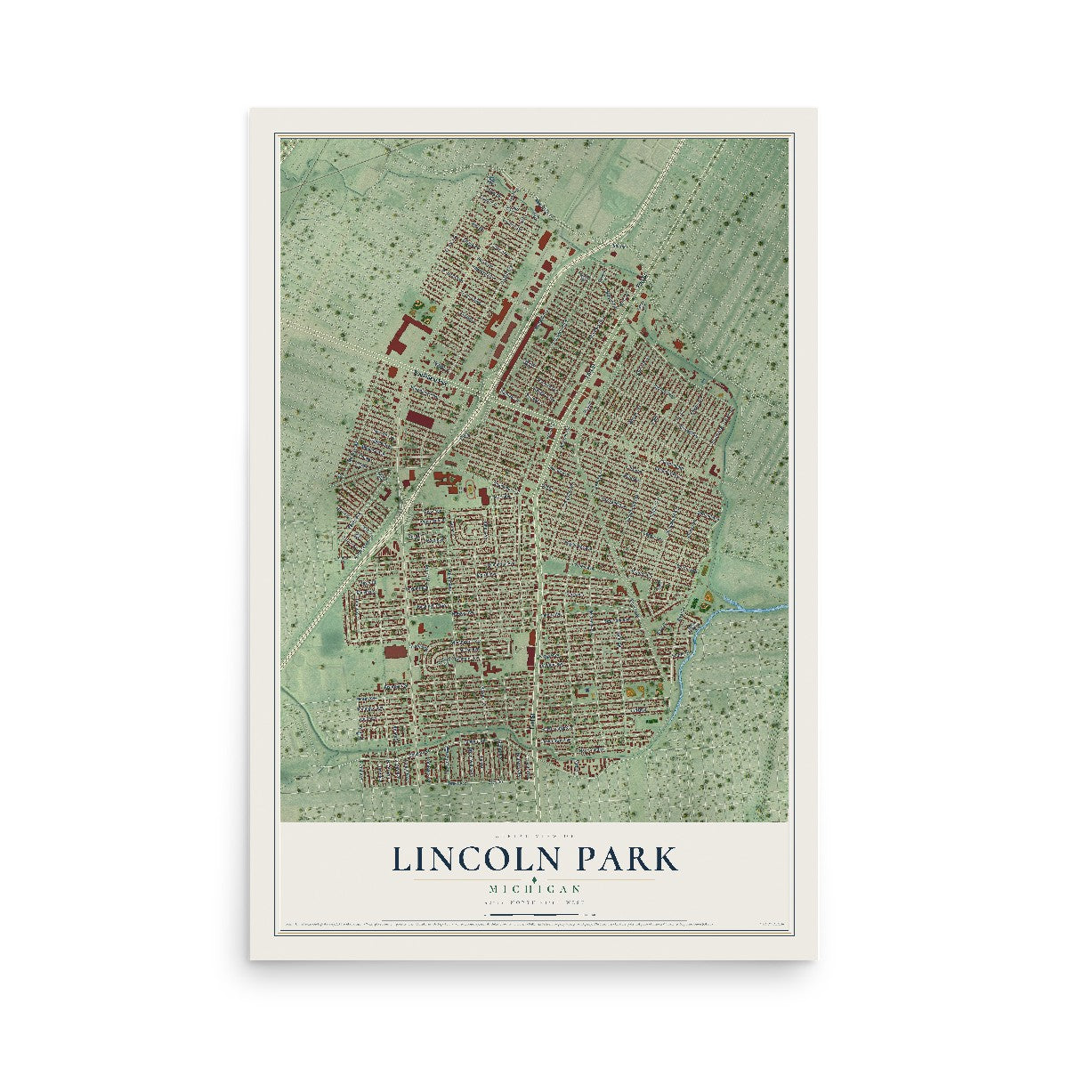Map of Lincoln Park, Michigan, 12 x 18 inch unframed archival matte print