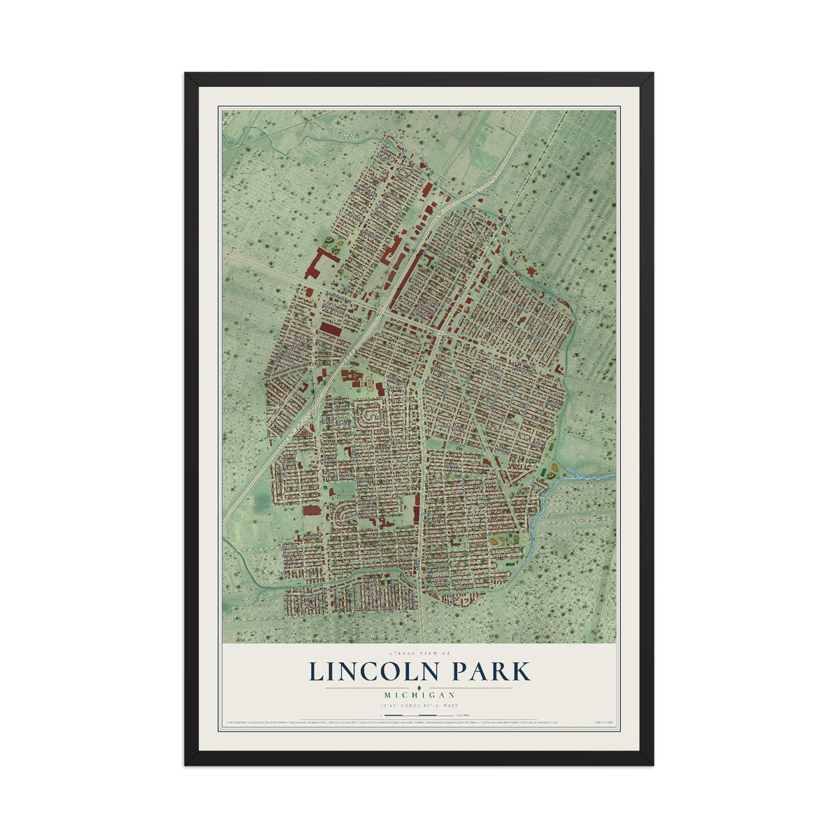 Map of Lincoln Park, Michigan, 12 x 18 inch print in a black wood frame