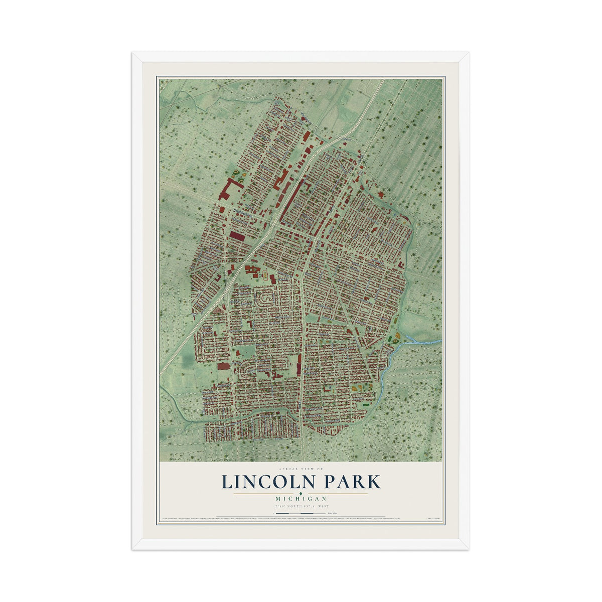 Map of Lincoln Park, Michigan, 12 x 18 inch print in a white wood frame