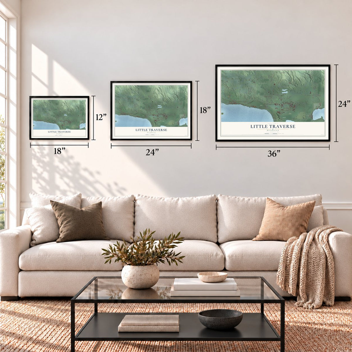 Little Traverse, Michigan map in 12 x 18, 18 x 24 and 24 x 36 inch sizes above a sofa