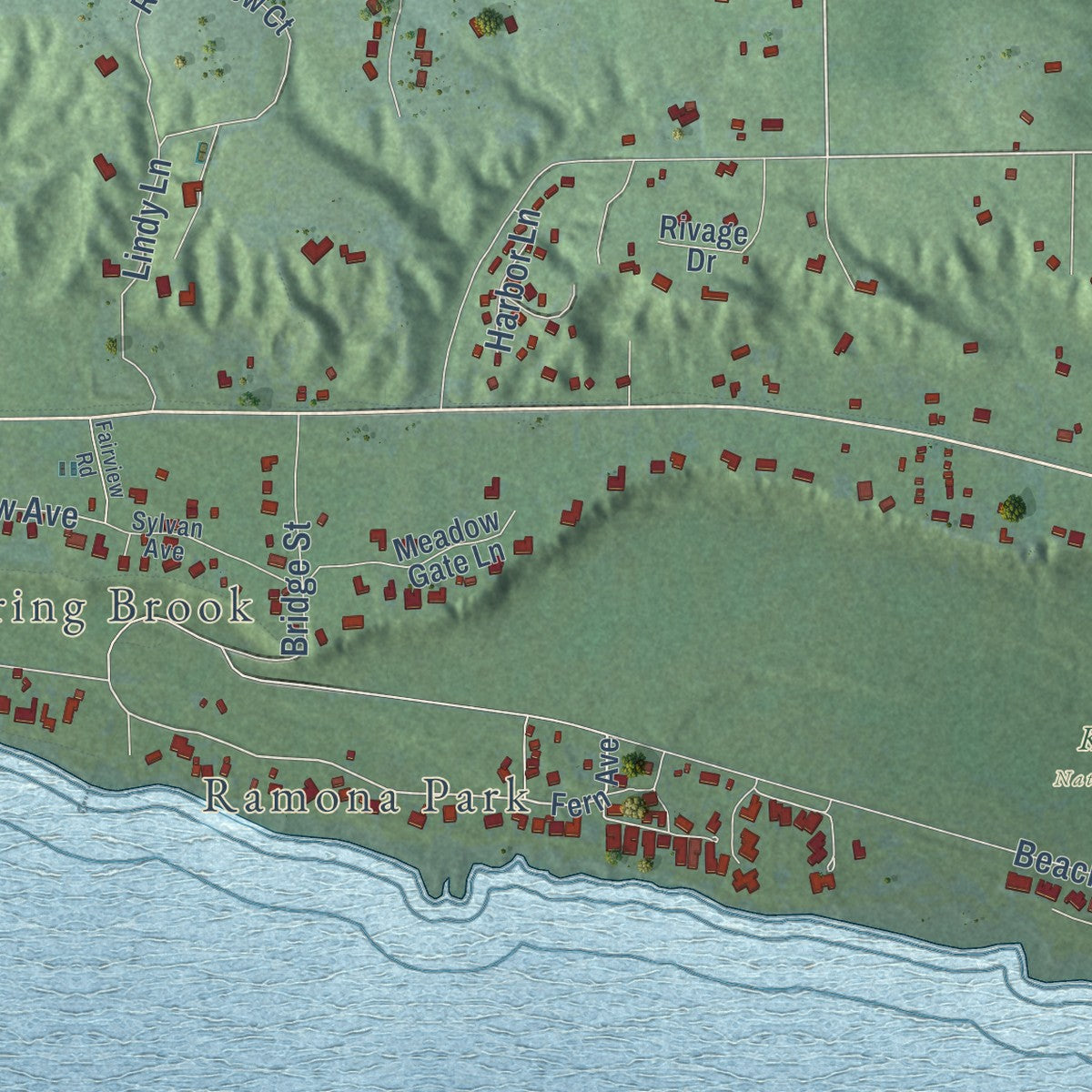 Close-up of the map of Little Traverse, Michigan print showing street and building detail